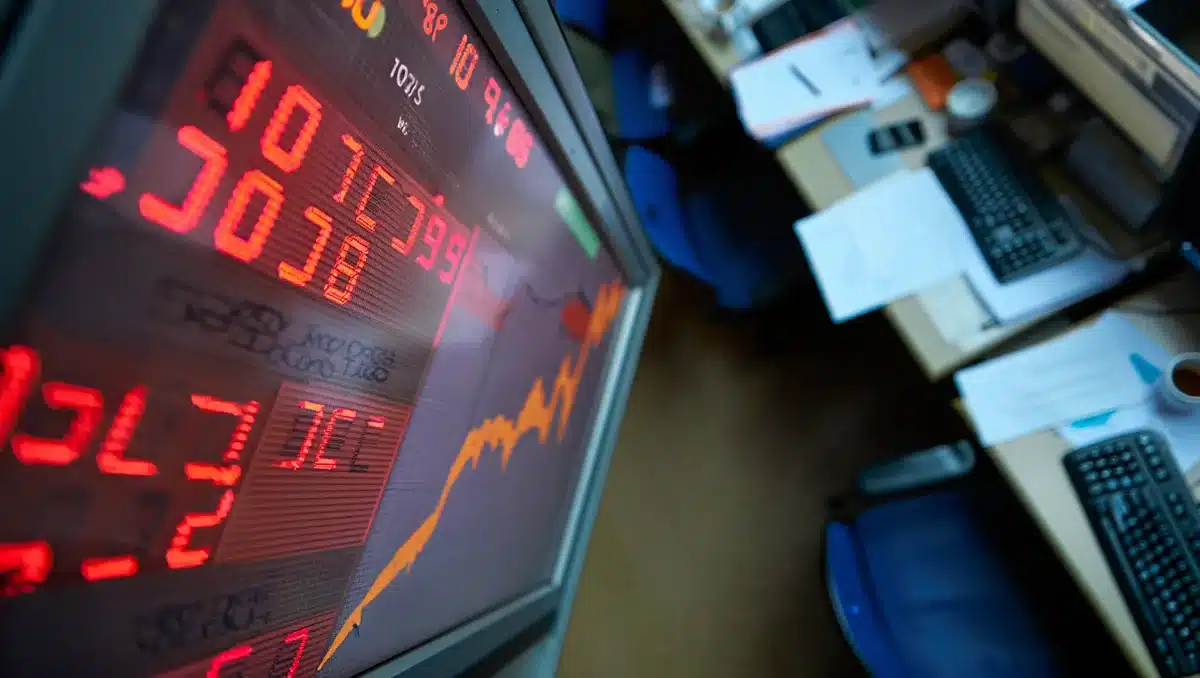 A financial market display screen showing red numbers and declining stock indices, with a trader's desk in soft focus, capturing the tension of a losing trading day | stock market downturn