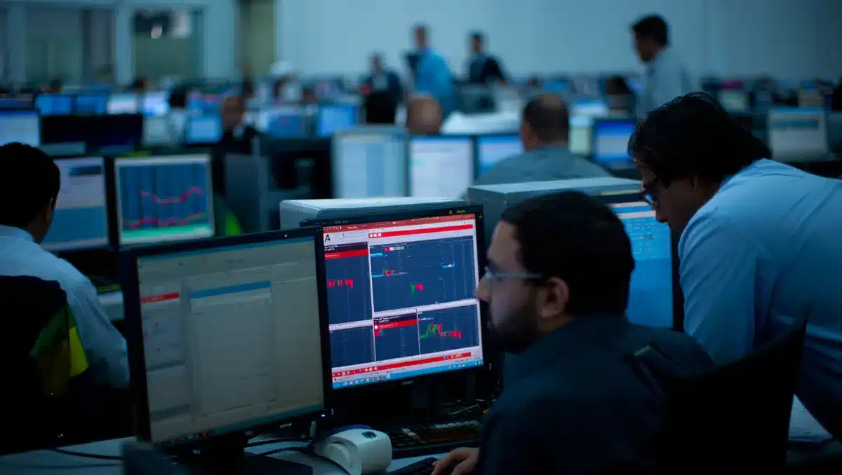Stock market trading floor with red indicator lights and digital screens showing declining indices, traders at workstations amid selling pressure | stock market decline trading floor