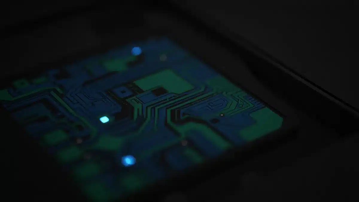 Close-up of a computer chip circuit board with blue and green circuit pathways, slightly out of focus with glowing nodes | microchip semiconductor technology