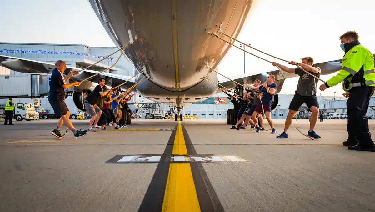 A packed airport tarmac at dawn, teams of 25 people lined up at rope handles attached to a massive commercial aircraft, muscles tensed, faces focused, the plane beginning to move slowly across the painted 12-foot line, ground staff watching from the sidelines, the event banner visible in the background