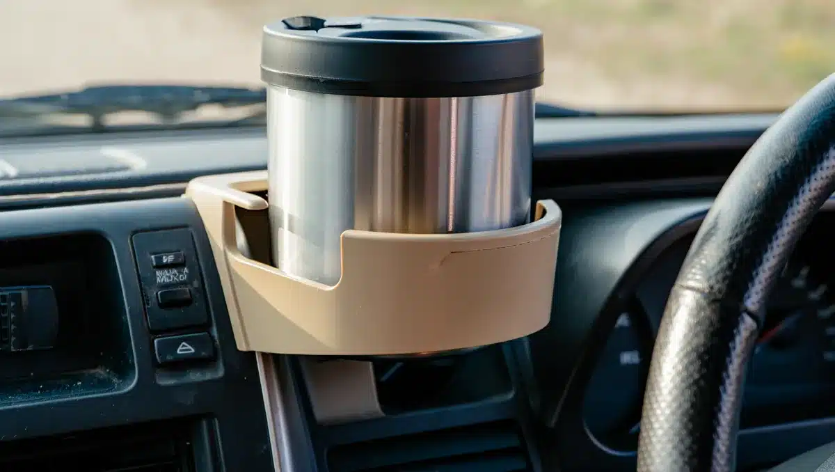 A custom-designed bucket holder adapter sitting in a vehicle's standard cup holder, the holder gripping a beverage bucket securely, shown from inside a car with dashboard visible