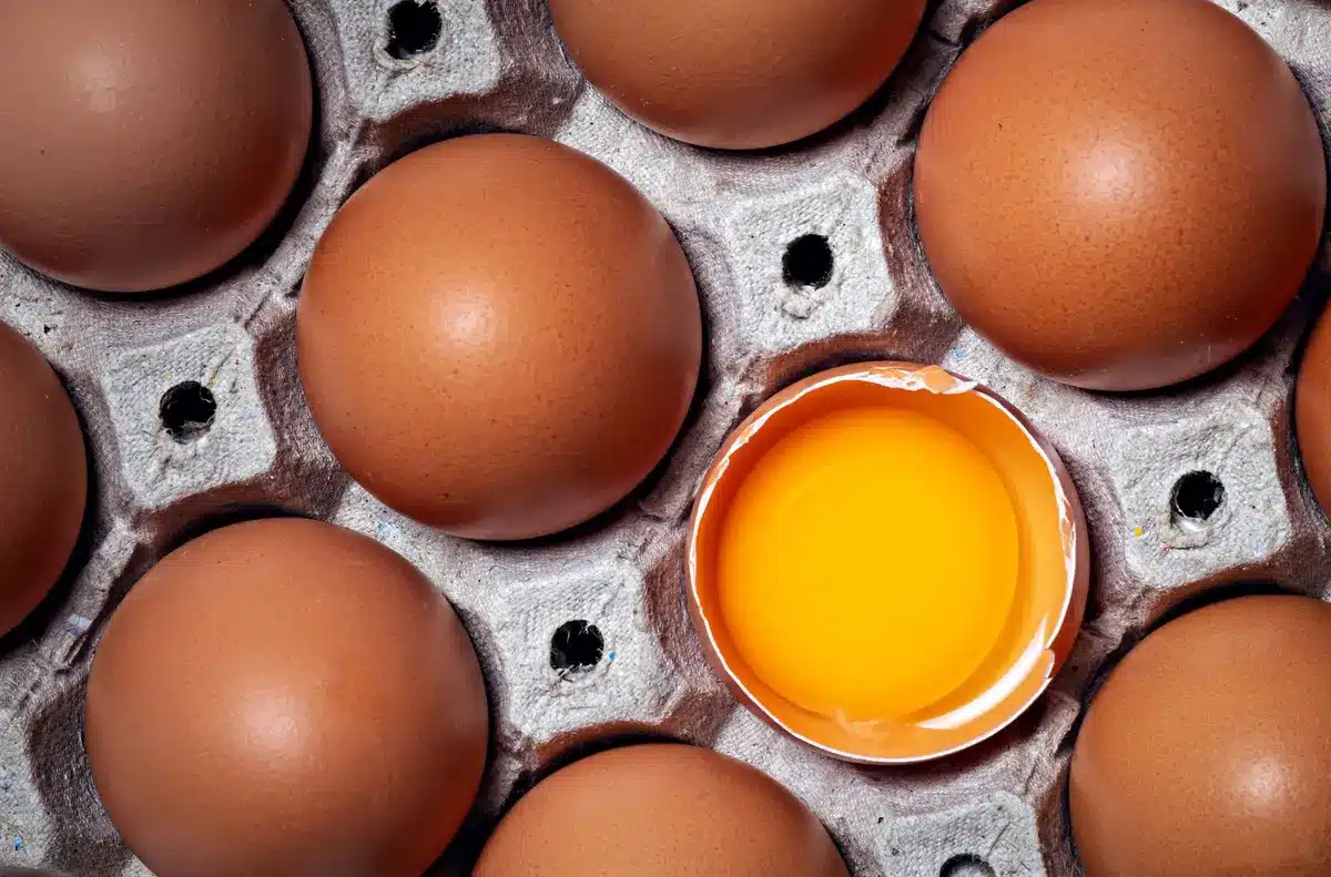 Cartons of white and brown eggs on a grocery store shelf with date codes visible on the packaging, hands examining product labels, cool fluorescent lighting