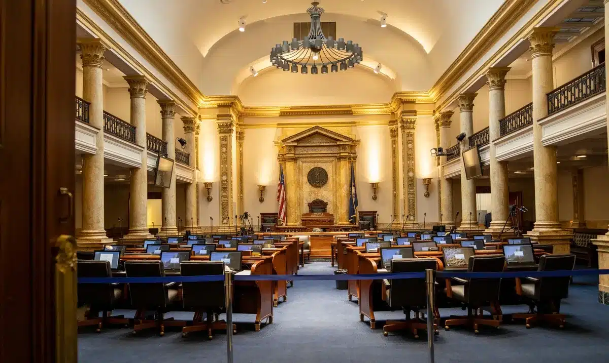 A formal Senate hearing room with empty witness chair and microphones, harsh overhead lighting creating stark shadows on wood paneling, papers and documents scattered on the table, conveying tension and accountability.