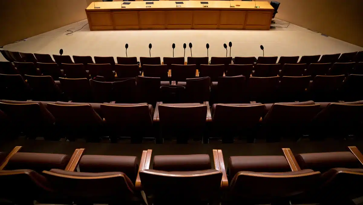 A formal Senate hearing room with microphones, empty chairs facing a raised dais, harsh fluorescent lighting casting sharp shadows, tension palpable in the sterile institutional space | Senate hearing room