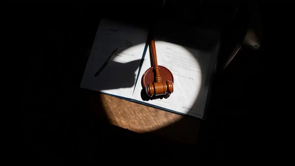 A gavel resting on a wooden surface, a single microphone stand nearby, documents scattered, a single spotlight illuminating the gavel, deep shadows surrounding it | judicial gavel
