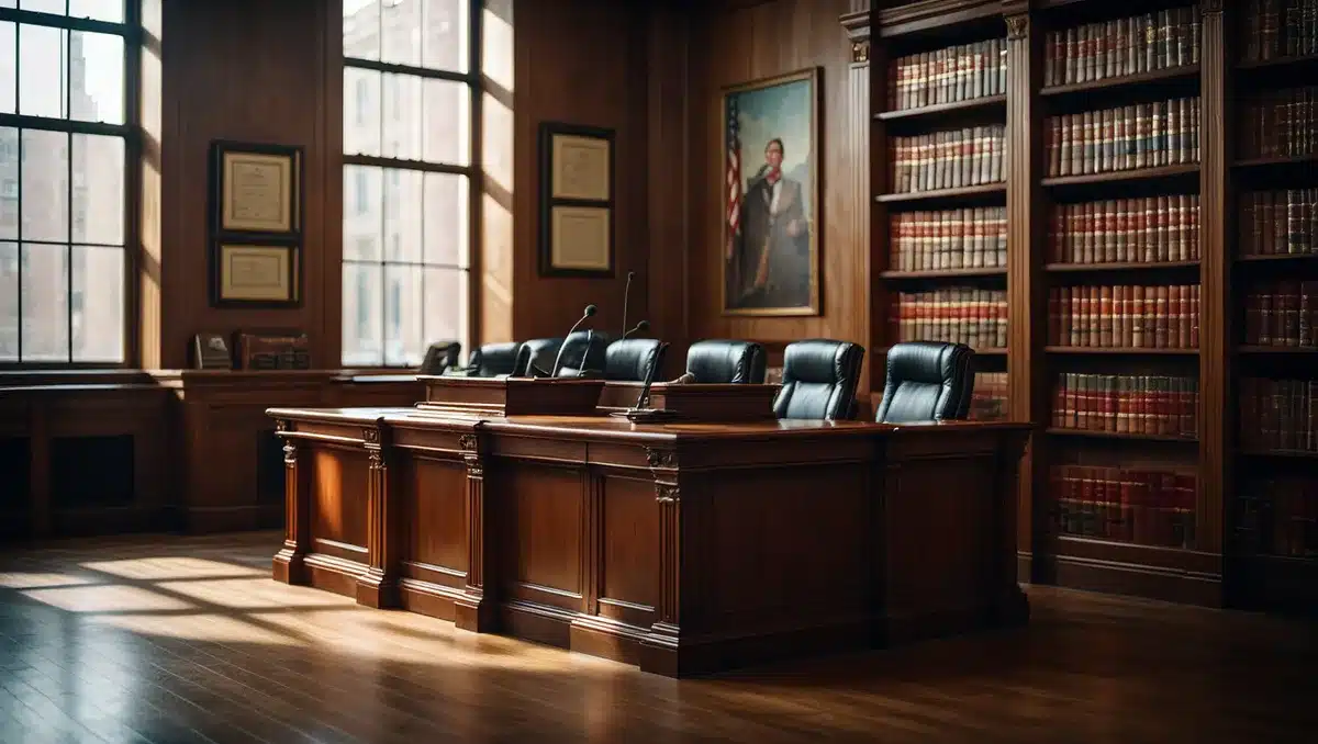 A federal courthouse interior with empty judge's bench and law books, neutral institutional setting | courthouse interior