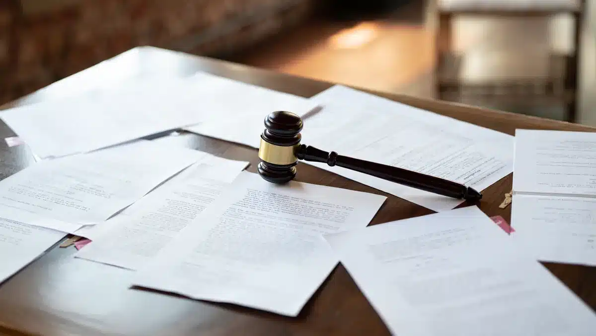 Papers and documents spread on a desk with a gavel, representing legal discovery and court proceedings | legal documents court