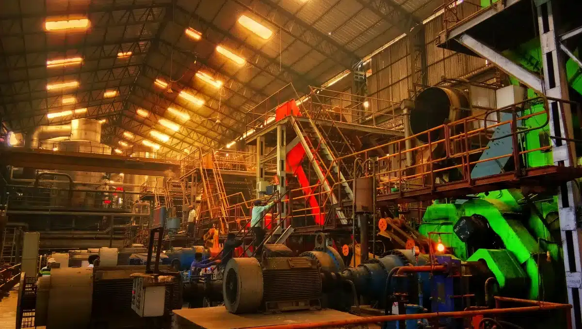 Ford automotive manufacturing plant with assembly line machinery, high-angle interior view showing modern production equipment and quality control systems