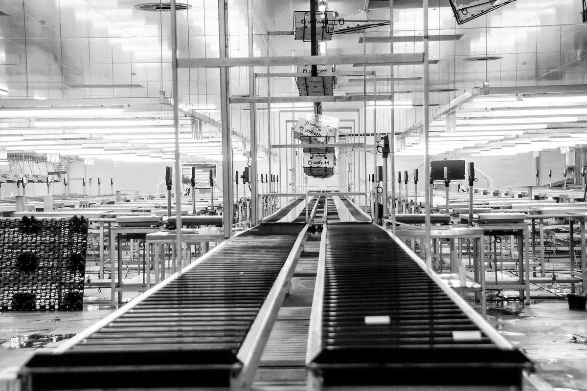 Pickup truck assembly line with workers and machinery
