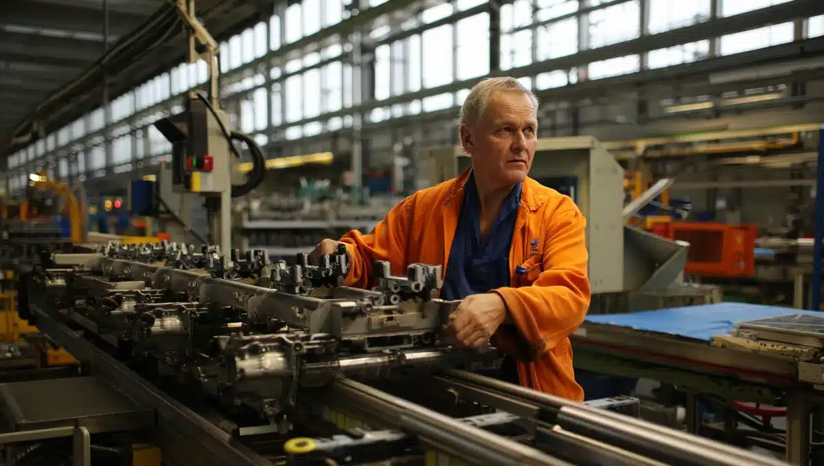 Automotive manufacturing floor with production line machinery and overhead conveyor systems, sunlit through large industrial windows, metal parts in motion | automotive manufacturing facility