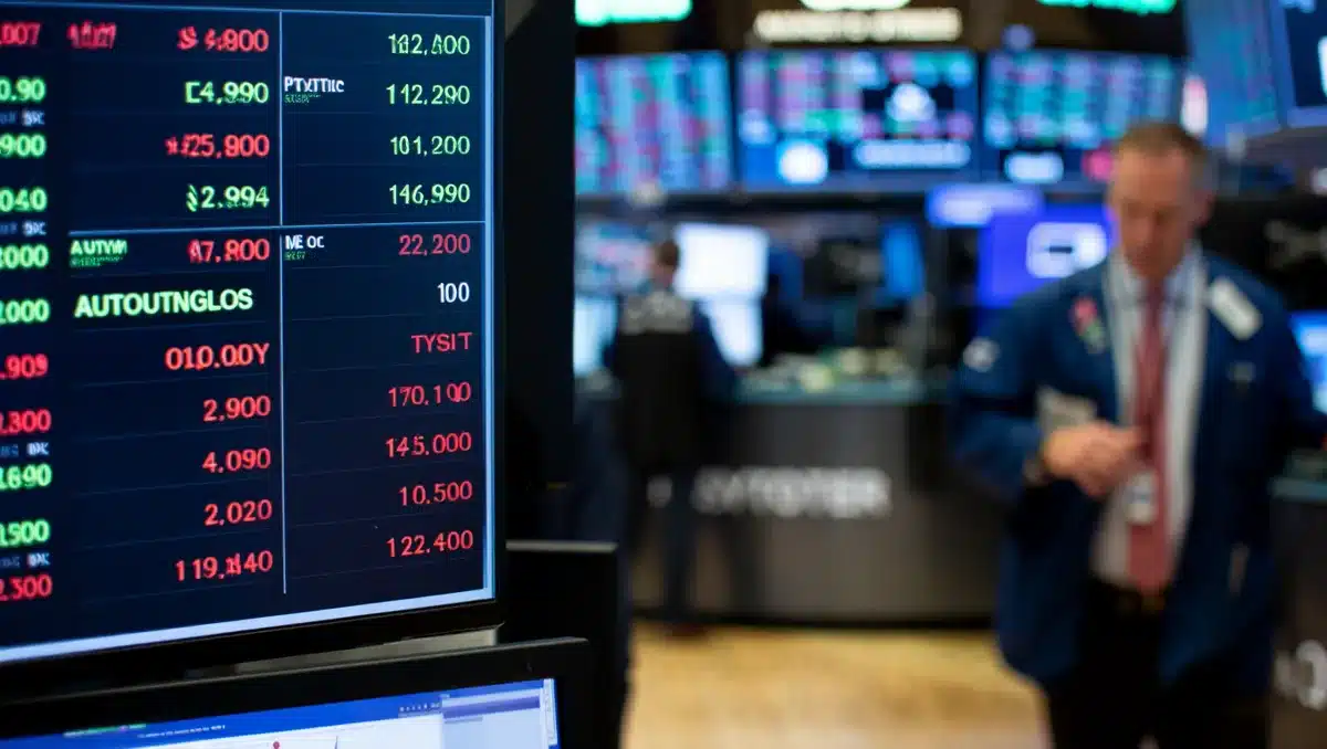 Stock market ticker displaying automotive stock symbols and price movements in green and red, digital display with real-time data streaming | stock market trading screen
