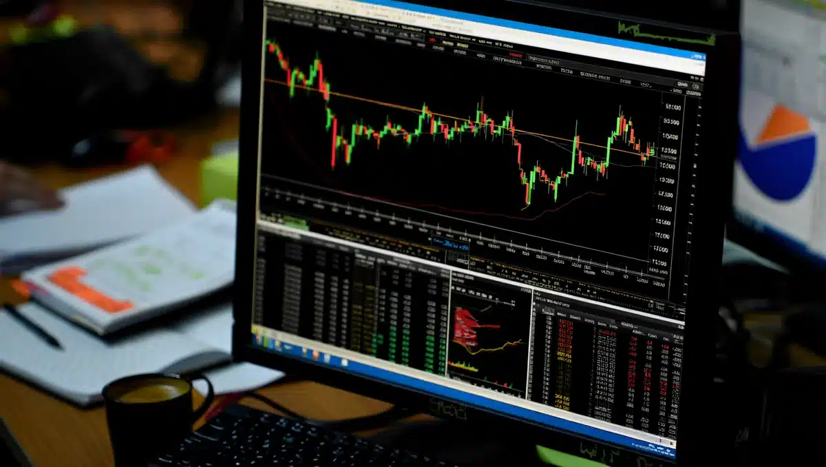 Stock market trading screen with candlestick charts and financial data | stock market trading display