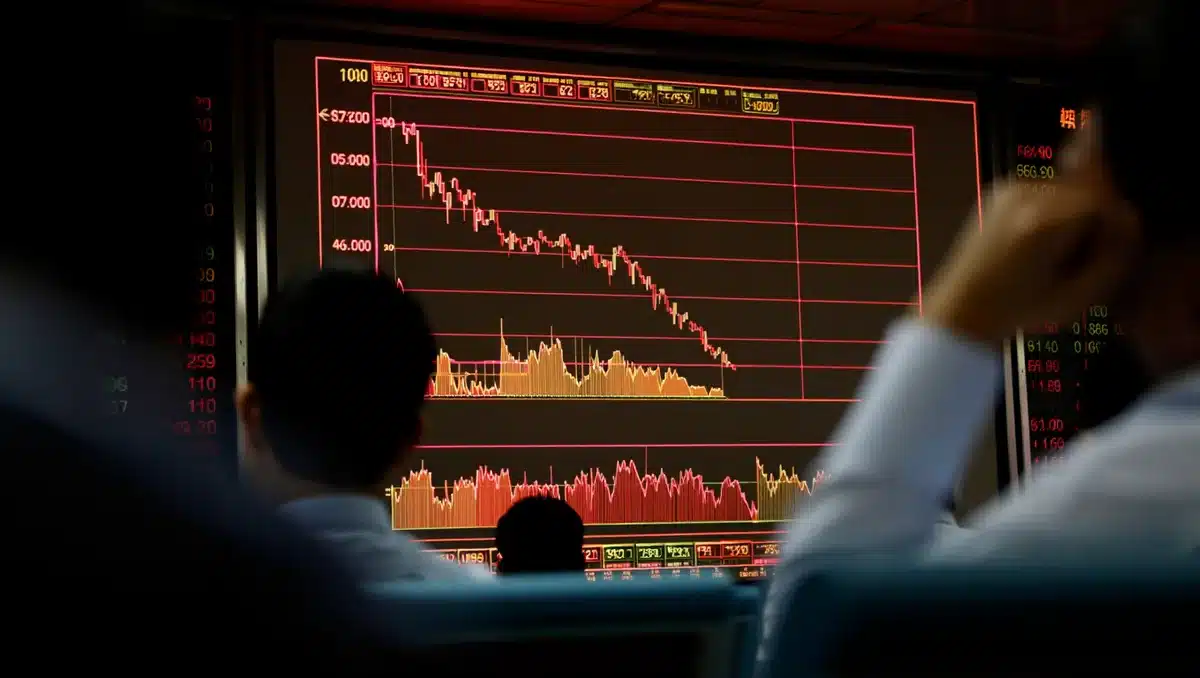A stock market screen displaying red downward indicators and financial charts | stock market decline display