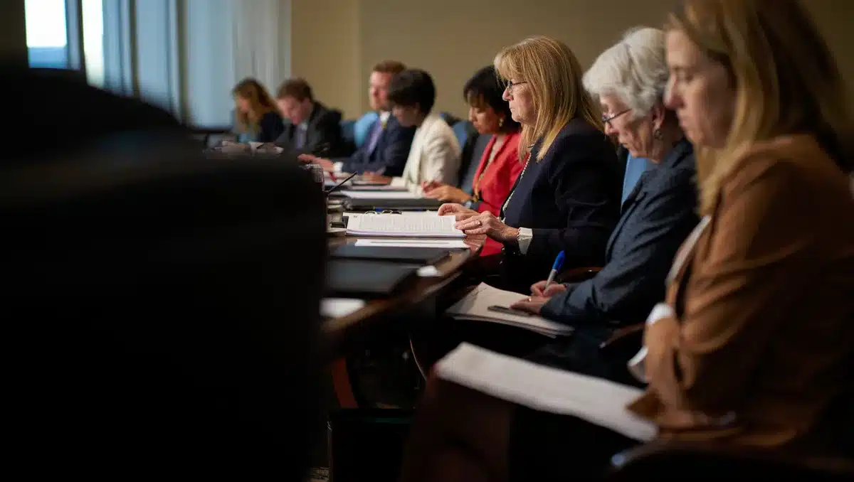 An FDA advisory committee meeting room with panelists seated at a long table, documents spread before them, voting on a pharmaceutical policy decision | FDA committee hearing room