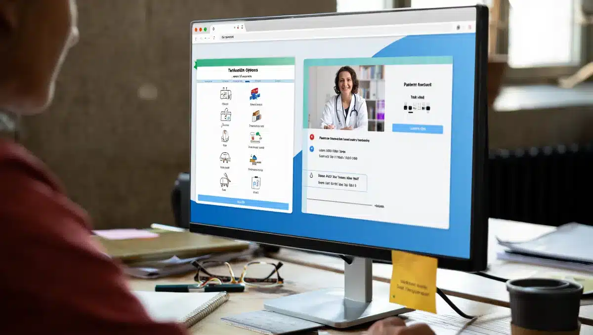 A telehealth platform interface on a computer screen showing medication options and patient consultation tools | telemedicine digital interface