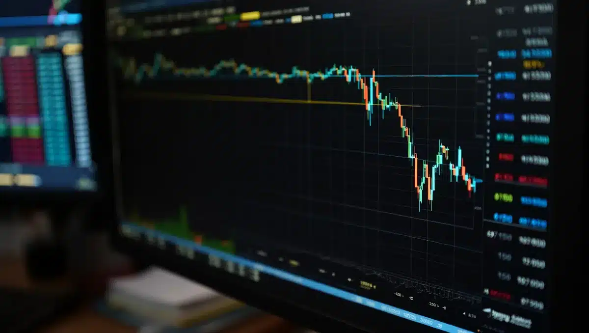 Stock market trading terminal displaying candlestick charts and financial data, blue and green price movements on a dark screen | stock trading screen