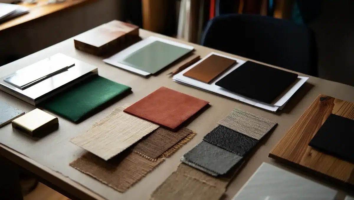 A curated collection of interior design samples and swatches arranged on a workspace, featuring diverse color palettes, fabric textures, and material samples reflecting emerging design aesthetics. | design studio workspace materials