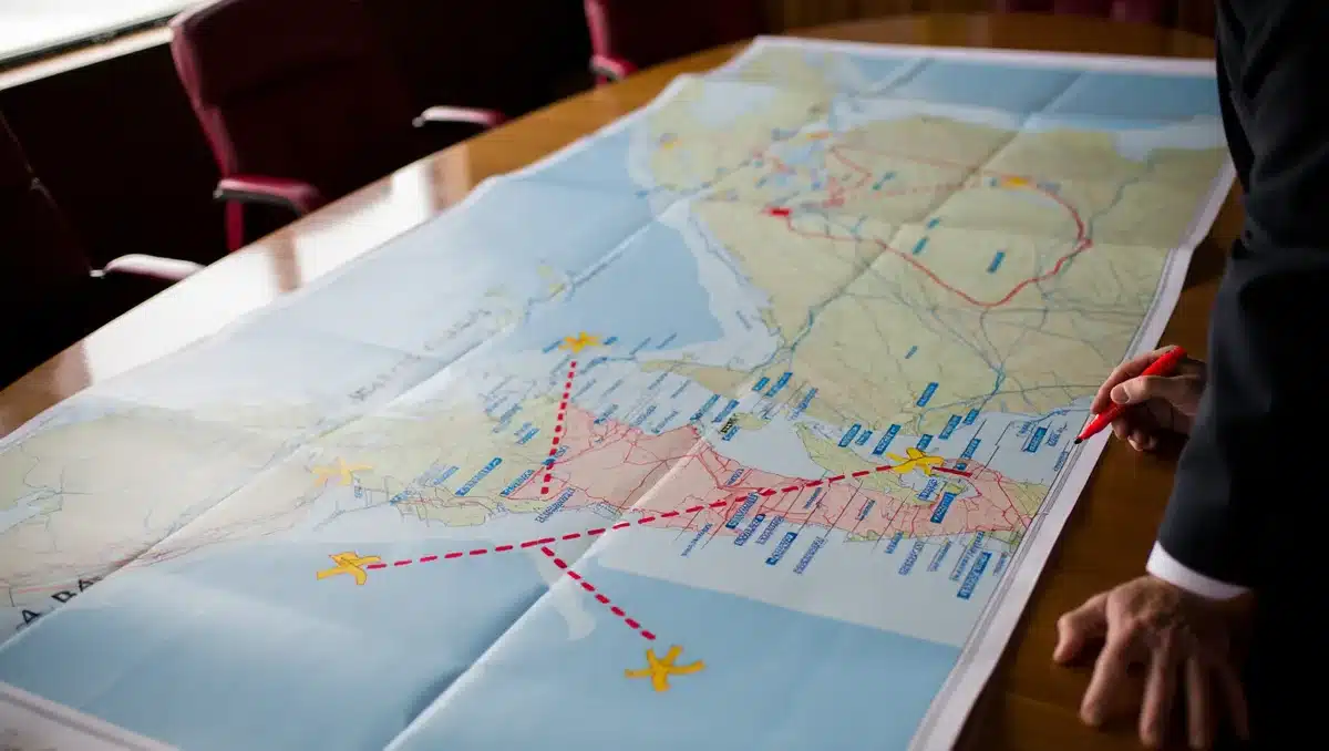 A map showing the Red Sea and Bab el-Mandeb Strait highlighted in red, with multiple shipping routes marked, some vessels diverted northward through the Suez Canal, others queued at chokepoints, illustrating global trade disruption.