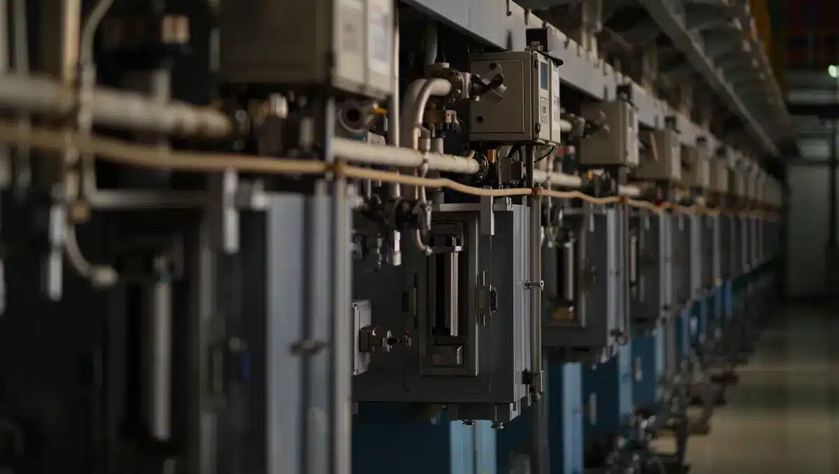 A modern semiconductor manufacturing facility interior with rows of equipment and control panels, representing the capital-intensive nature of chip production and manufacturing expansion | semiconductor fabrication plant interior