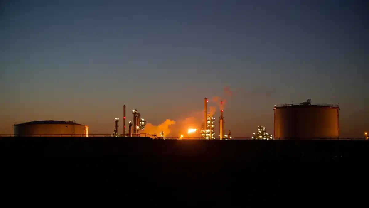 Oil refinery flames and storage tanks at dusk with warning lights, representing energy market disruption | oil refinery crisis