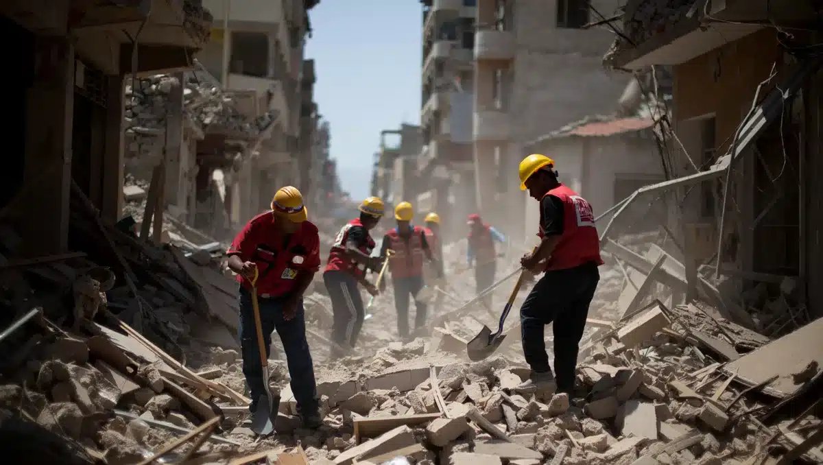 Collapsed buildings and rubble scattered across a neighborhood, with rescue workers in hard hats searching debris, afternoon sunlight casting long shadows | rescue earthquake damage aftermath