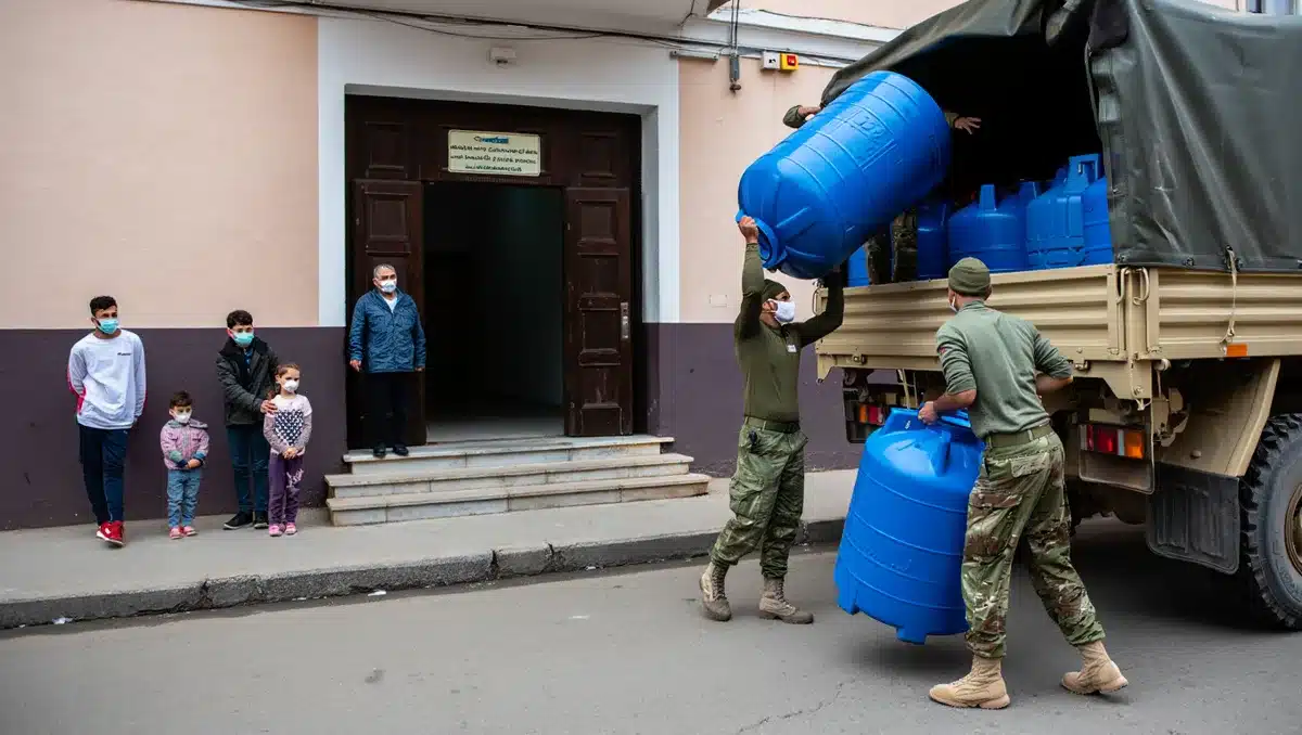 Military personnel unloading large water tanks from trucks at a community center entrance, with residents in masks waiting in line | water distribution emergency supplies