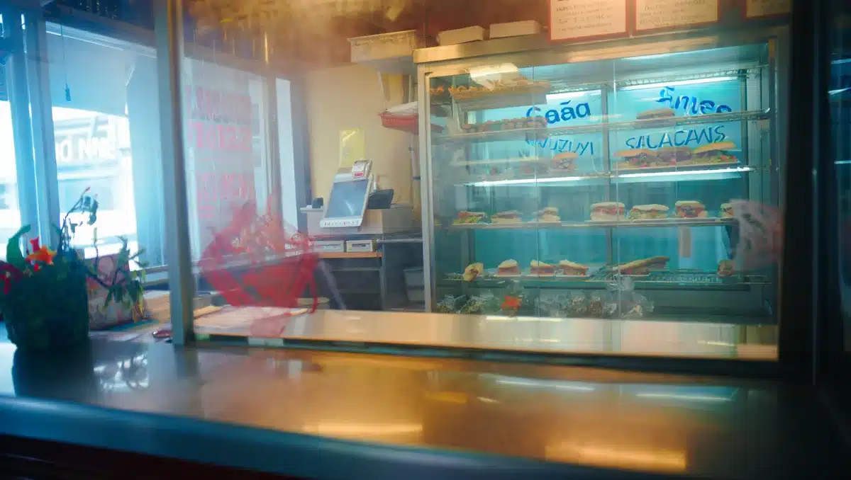 An empty Jersey Mike's sandwich shop counter with neon signage and polished surfaces, no people visible, suggesting the brand's premium positioning in the fast-casual market | restaurant interior