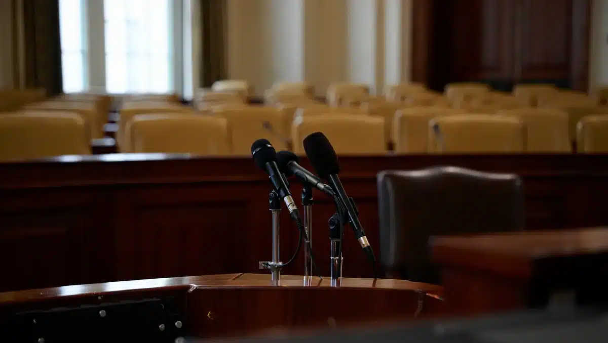Congressional hearing room with witness table, microphones, and empty gallery seats | congressional hearing testimony