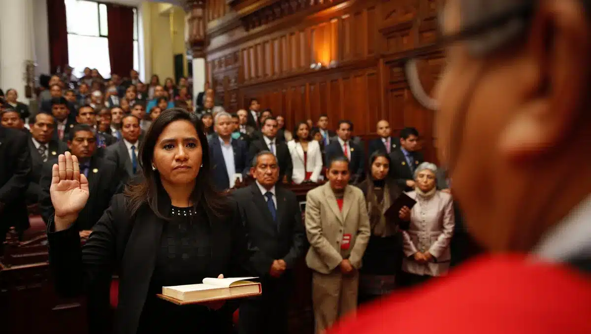 A formal government ceremony with a woman taking an oath of office surrounded by legislators and official attendants in a grand chamber | Peru Congress inauguration ceremony
