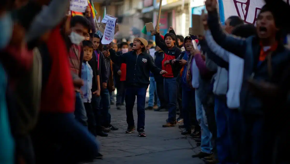 A crowded street scene with protesters holding signs and banners, their faces anonymous but their collective emotion visible through raised arms and body language | Peru political protest demonstration