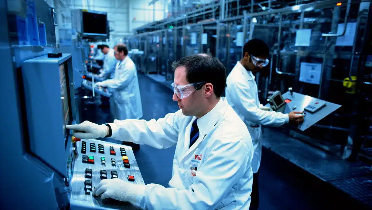 Semiconductor manufacturing facility interior with precision equipment and blue-tinted lighting, symbolizing high-tech chip production amid industry uncertainty | semiconductor fab manufacturing