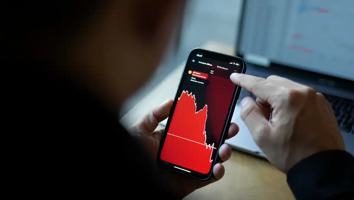 A close-up of a smartphone screen displaying a red stock chart plummeting steeply downward, the device held in anonymous hands with financial app notifications visible, blurred office background&mdash;urgency.