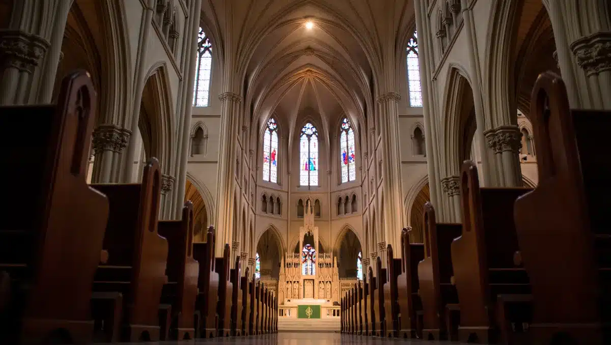 Washington National Cathedral interior with rows of empty pews, a single spotlight illuminating the altar, architectural grandeur | cathedral funeral service