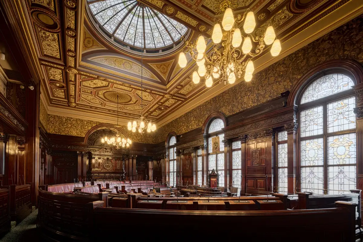 A Senate chamber floor view with an empty seat where a senior Republican senator would normally sit, legislative documents and voting buttons visible, highlighting the absence during critical legislative sessions.
