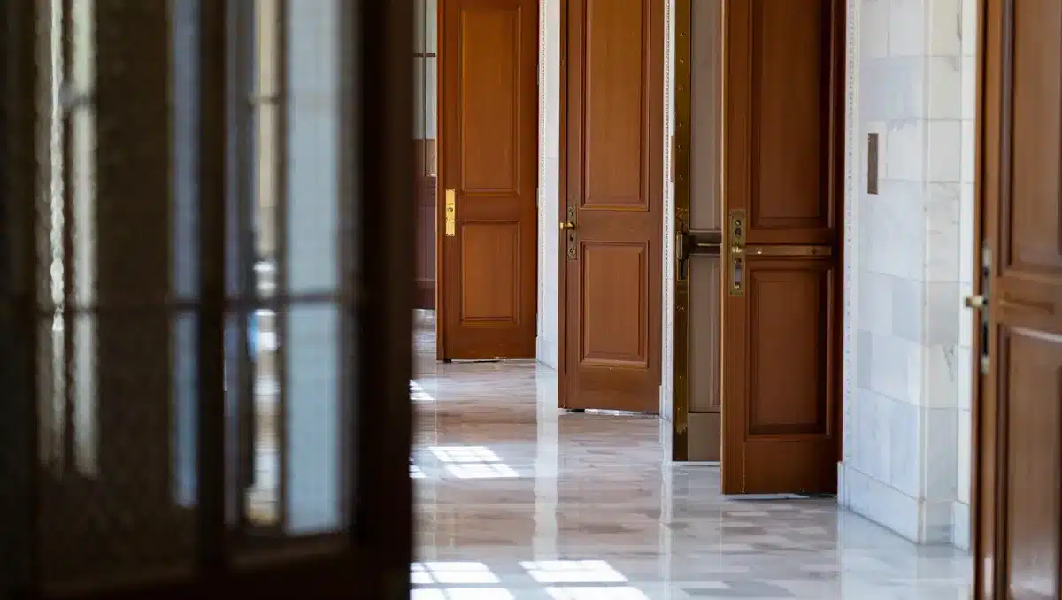 Capitol hallway with committee room doors, afternoon light casting long shadows, empty marble corridors, institutional silence, anticipation | Senate committee chambers