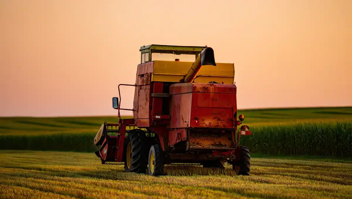 Empty farm equipment in golden hour light, rows of crops blurred in background, weathered machinery, rural landscape at dusk, waiting | Agricultural equipment field