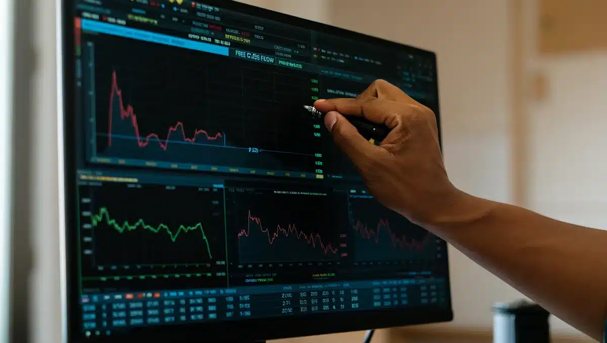 A chart showing declining profit margins and free cash flow on a dark trading screen, with red downward arrows and numerical data visible | profit margin chart financial decline