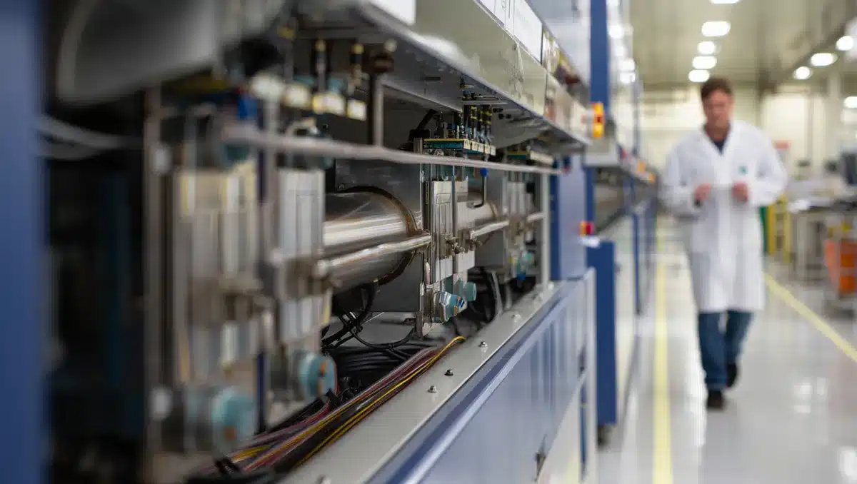 A semiconductor fabrication facility with equipment and overhead lighting | memory chip manufacturing facility