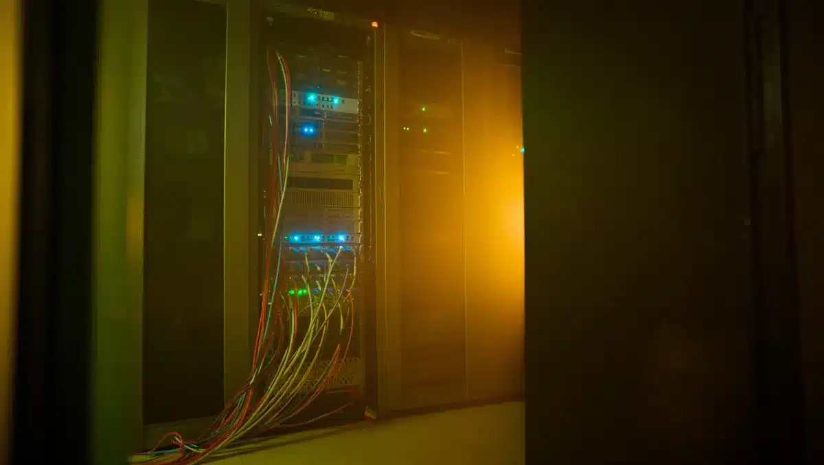 Computer server room with glowing lights and cables | data center server rack