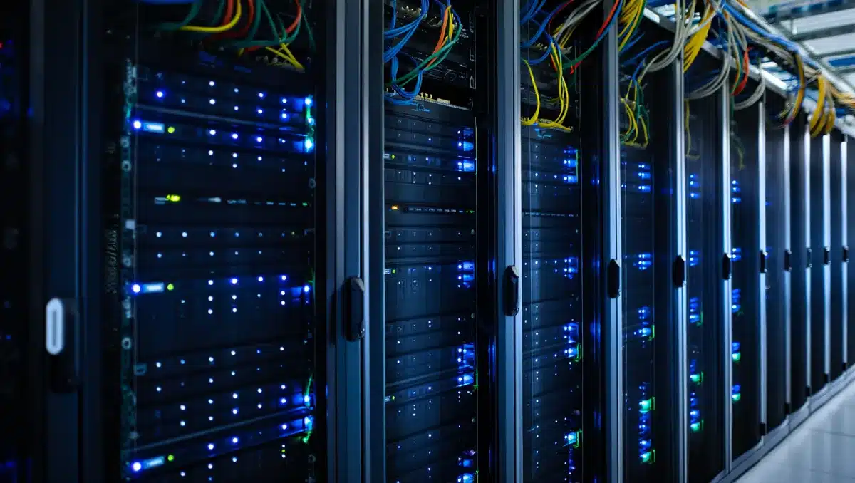 Data center server racks with blue lighting and cables | Modern cloud infrastructure equipment