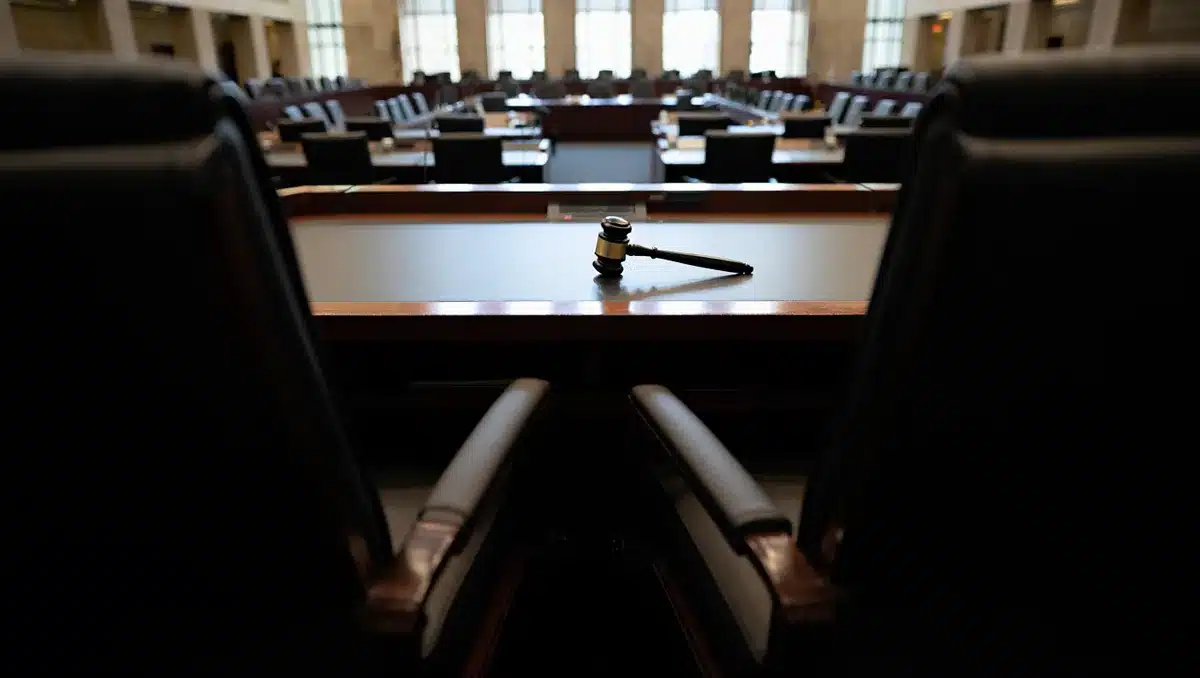 A dimly lit federal reserve building interior with rows of empty conference chairs, a single gavel on a wooden desk, soft institutional lighting, tension and deliberation.