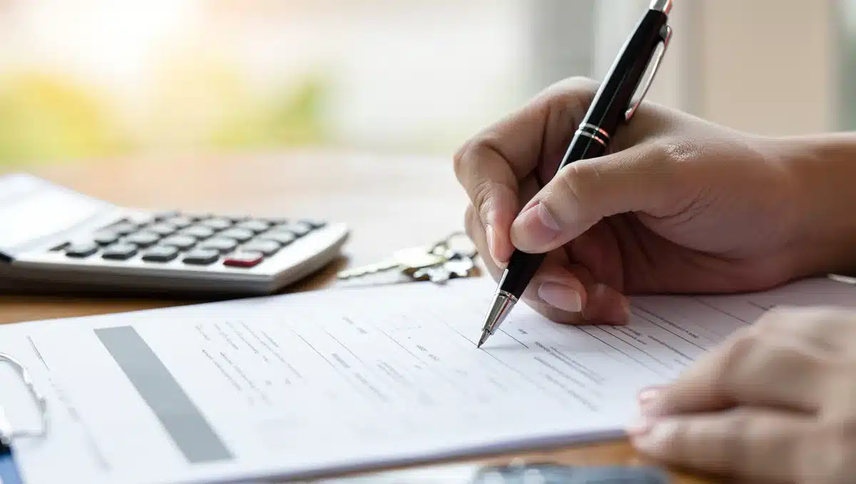A close-up of a mortgage application form on a desk, a pen poised over the signature line, soft natural light from a window, a calculator and house keys visible at the edge, uncertainty and commitment.