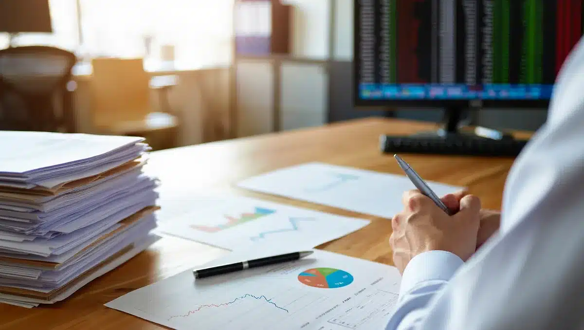 Earnings report on a desk with financial charts and stock ticker | stock market earnings release