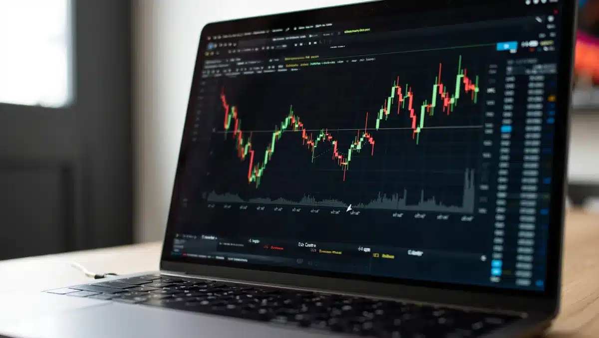 A laptop screen displaying financial charts and stock tickers, with rising and falling candlestick graphs in muted colors, a cursor hovering over a tech stock symbol, and soft office lighting casting shadows across the keyboard | stock market data visualization