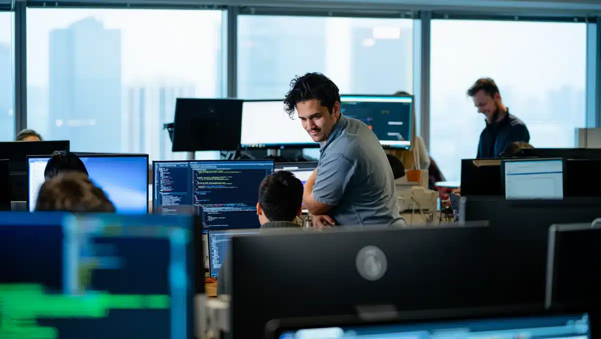 A modern corporate office with floor-to-ceiling windows overlooking a city skyline, multiple screens displaying code and AI model training dashboards, with engineers working at standing desks, cool blue and green lighting emphasizing technology | tech headquarters office environment