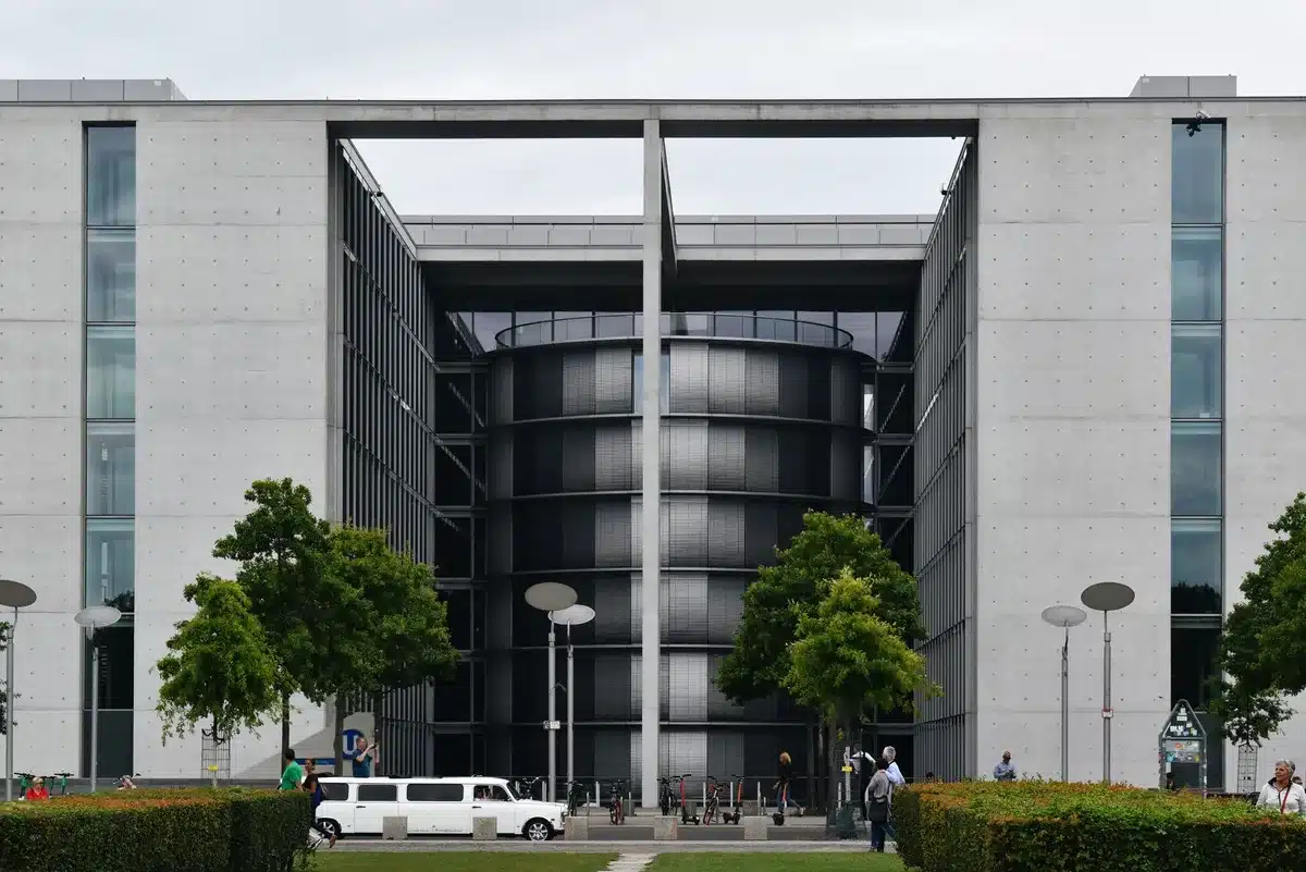 Motor vehicle commission building exterior with official signage and entrance