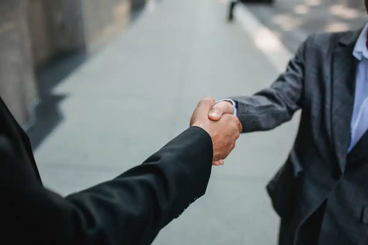A formal diplomatic handshake in a state reception hall, two anonymous officials in dark suits facing each other across a polished table, flags of both nations visible in soft focus behind them, warm lighting casting long shadows, subtle ceremony and protocol evident in the composition