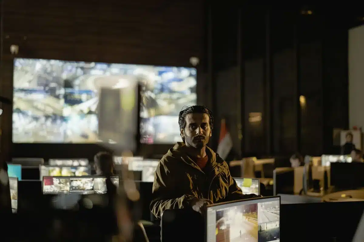 Grid control room with technicians monitoring voltage meters and frequency displays on screens, showing real-time data streams and alert indicators, tension and urgency visible in the operations center