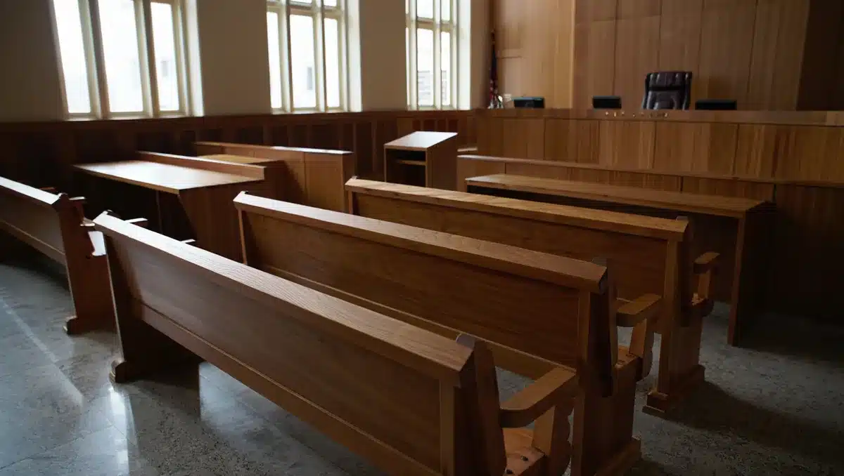 A federal courthouse interior with empty jury box and judge's bench, natural light streaming through tall windows, conveying legal proceedings and judicial scrutiny | lawsuit courtroom trial