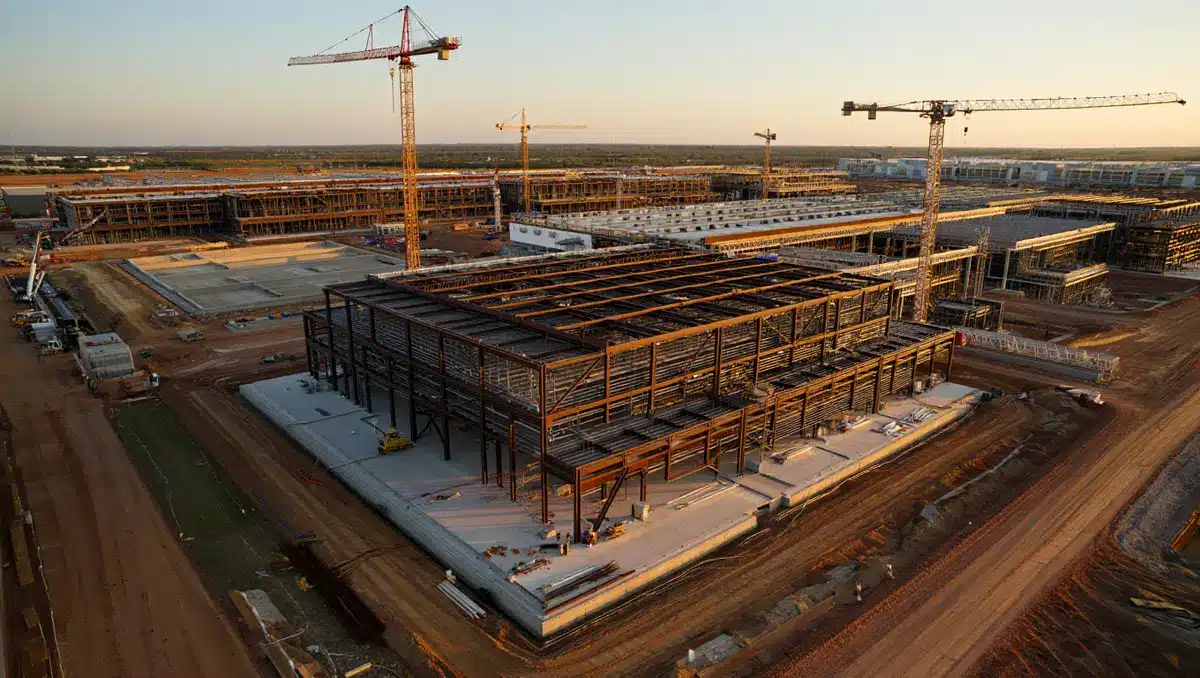 A sprawling industrial data center campus under construction, massive steel structures and cooling systems visible across a flat Texas landscape, cranes and equipment scattered across the site, late afternoon light casting long shadows, scale and ambition evident | data center construction Texas